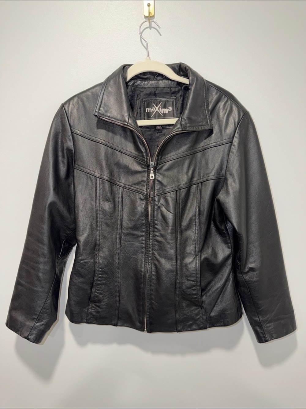 WILSONS M MAXIMA Black Leather Full Zip Fitted Jacket
